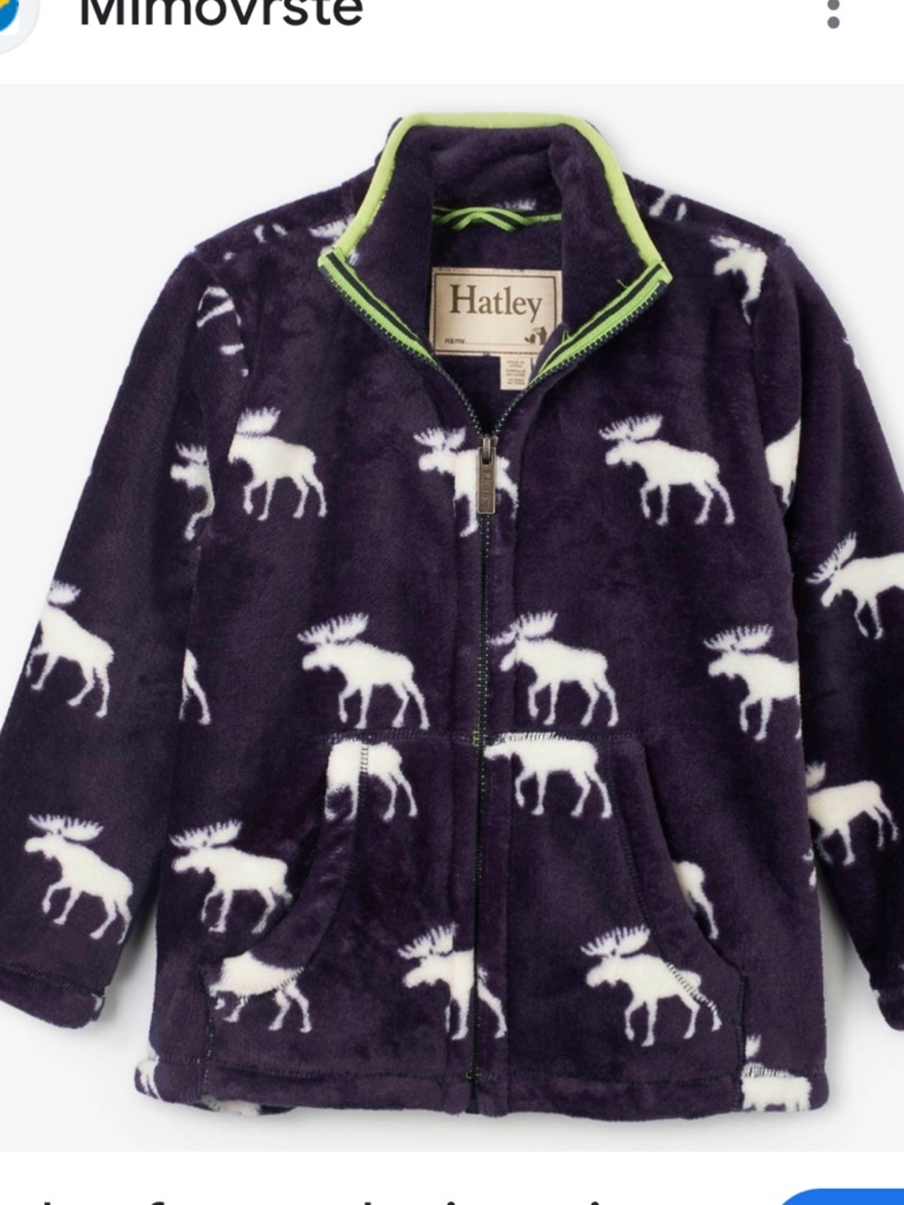 Hatley Navy Blue, White, Green Trim, Staggered Elks Fuzzy Fleece Zip-Up size 8